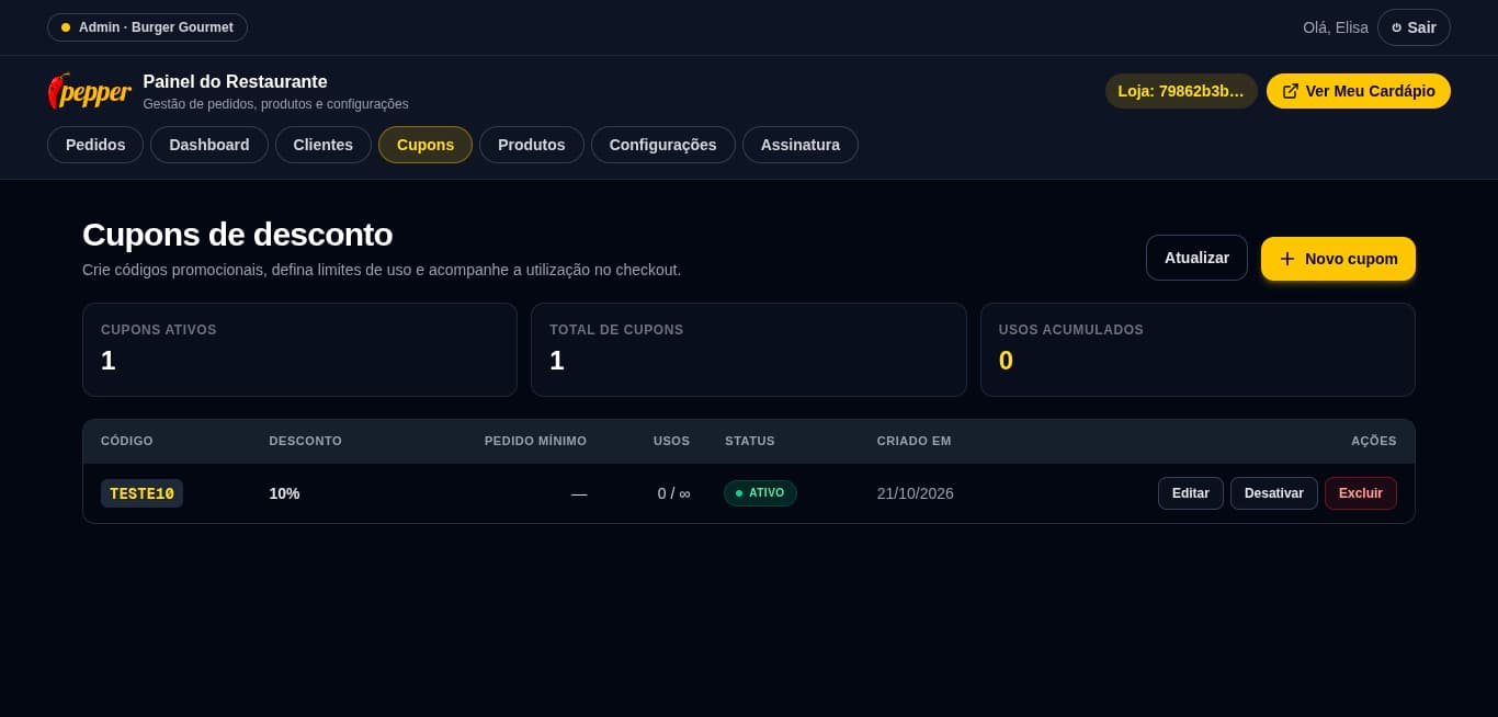 Tela de cupons de desconto do Ipepper com cupom ativo, total de cupons e usos acumulados