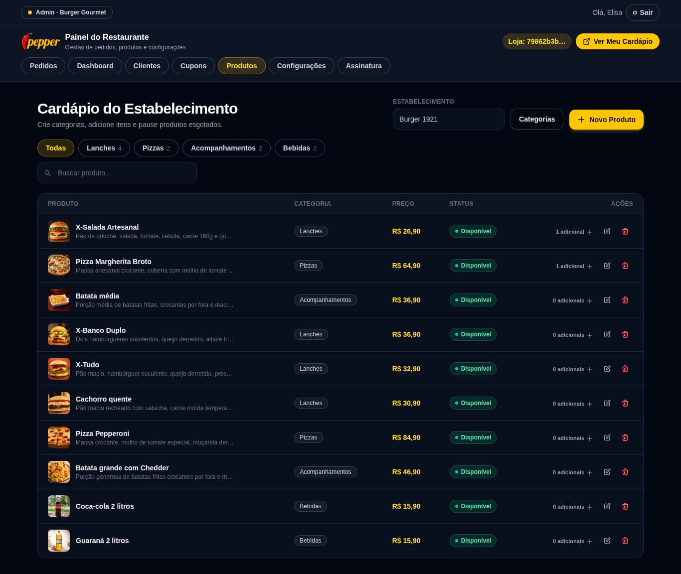 Tela do cardápio do Ipepper com categorias, lista de produtos, preços, status e adicionais