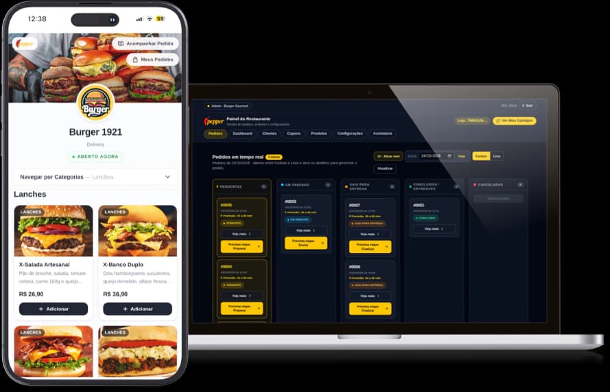 Painel do Sistema Ipepper: pedidos em tempo real no computador e cardápio digital no celular do cliente